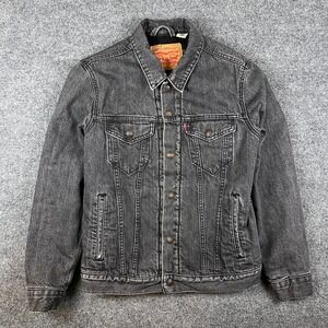 Levis Jacket Womens S Black Gray Denim Trucker Sherpa Lined Snap Button